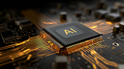 Abstract CPU chip with glowing gold AI label on futuristic circuit board. Light pulses flowing through the circuit