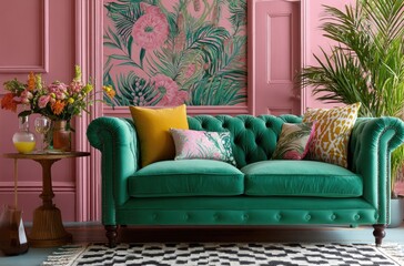 Obraz premium an interior design scene with pink wall, green velvet sofa and big vibrant queen king sophistication floral mural, orange yellow accents