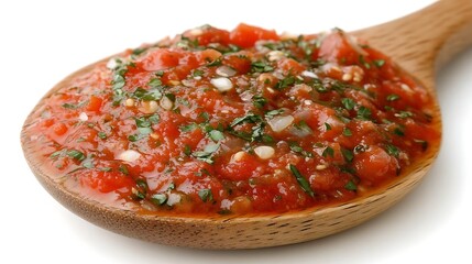 Fresh tomato salsa in wooden spoon