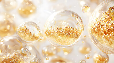 Fototapeta premium 3D illustration of golden molecular structures inside serum bubbles, representing advanced dermocosmetic technology and deep nourishment in skincare innovation.