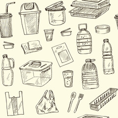 Stop using plastic hand drawn doodle seamless pattern. Vector illustration. Isolated elements on white background. Symbol collection.