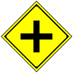 yellow cross sign, 4-way intersection ahead