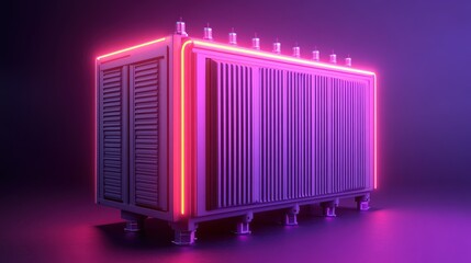 A futuristic electrical transformer is illuminated with vibrant pink and purple neon lights on a dark background.