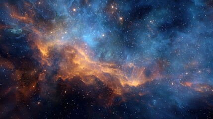 Fototapeta premium Ultra quality image of colorful nebula view showcasing vibrant gases and stars against a deep blue and orange background in a vast expanse of space captured from a distant perspective.