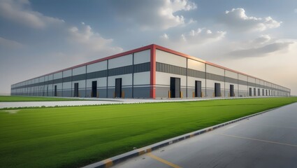 Fototapeta premium Modern Industrial Warehouse Architecture with Sleek Design, Efficient Logistics, and Vibrant Red Accents for Contemporary Commercial Real Estate Development and Urban Facility Excellence