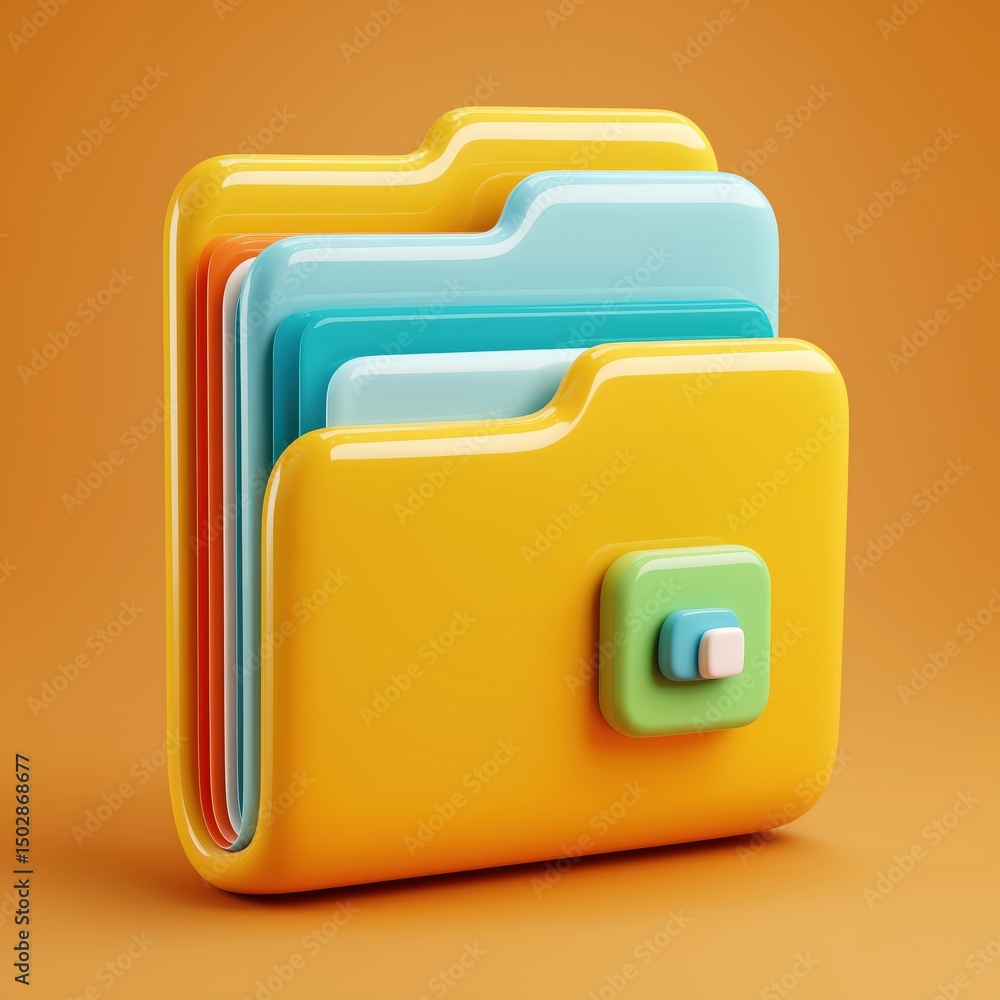 Poster 3d rendering colorful folder icons stacked against a bright background, symbolizing organization and