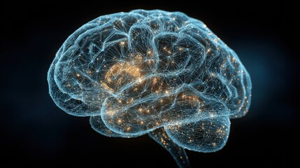 Ultra quality image of digital representation of a human brain illuminated with luminous connections and patterns against a dark background showcasing neural networks and brain.