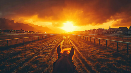 Obraz premium 夕焼けの競馬場を駆け抜ける騎手の視点