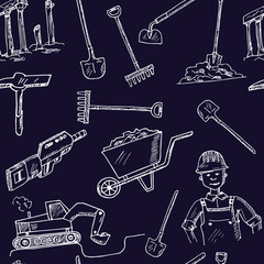 Dig hand drawn doodle seamless pattern. Vector illustration. Isolated elements on white background. Symbol collection.