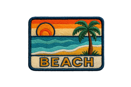 Embroidered Beach Scene Patch on Transparent Background