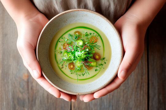 Gourmet vegetable soup with microgreens and tomatoes in ceramic bowl held by hands on wooden table