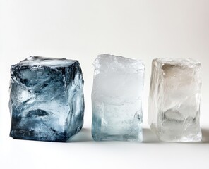 Obraz premium Three ice cubes, varying in shade, from dark to light. Detailed view shows texture and translucence