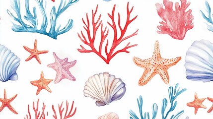 Sea Life Watercolor Seamless Pattern: Starfish, Shells, Coral