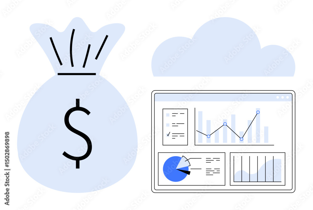 Poster money bag with dollar sign beside analytics dashboard displaying charts and graphs under a cloud. id