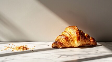 shot Golden brown Croissant flaky layers casting shadow marble patisserie counter crumbs scattered elegant French bakery morning light still life wide
