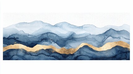 Abstract Watercolor Mountainscape: Navy Blue and Gold