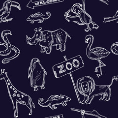 Zoo hand drawn doodle seamless pattern. Isolated elements on white background. Symbol collection.