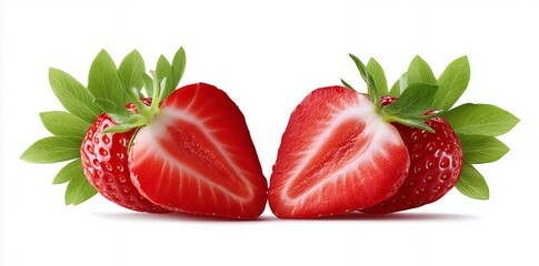 Naklejka premium Two Halved Juicy Red Strawberries with Green Leaves on White Background