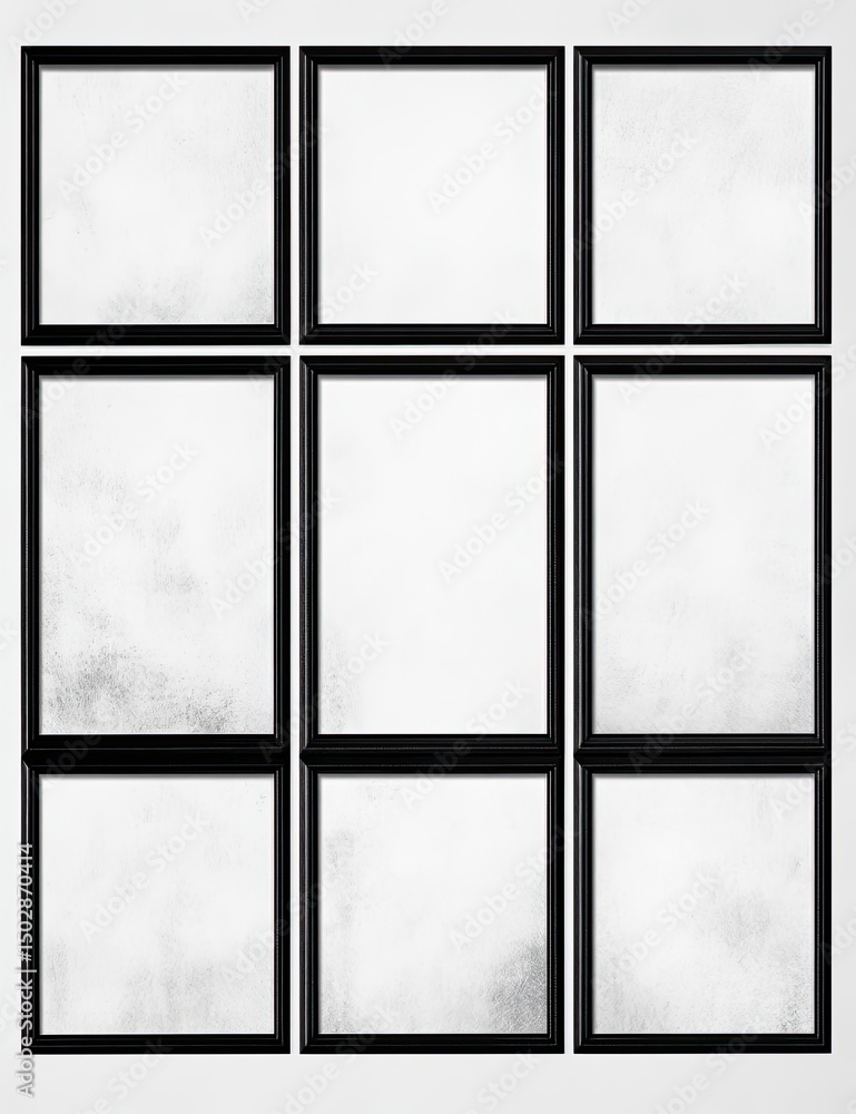Aufkleber nine rectangular windows with black frames, set in a grid pattern, displaying textured white surface