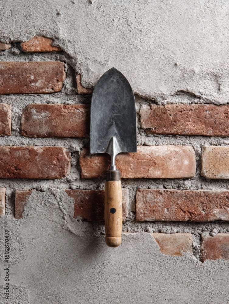 Poster brick wall with a trowel resting against the surface highlights an ongoing masonry project at a cons