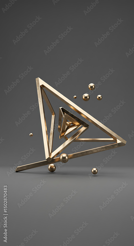 Poster abstract gold geometric shapes interlocking triangles and spheres 3d render