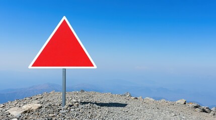 A red triangular warning sign stands on a rocky mountain peak under a clear blue sky.