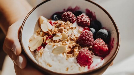 Sunlit Bowl of Yogurt, Granola, Almonds, and Berries