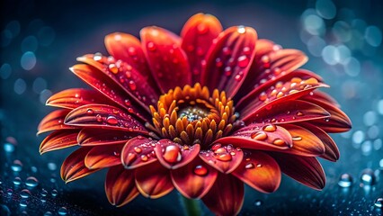 Closeup of a vibrant red gerbera daisy with dew drops on petals