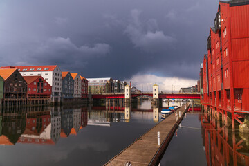 Colorful historical fishing houses of Trondheim, Norway, 