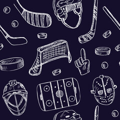 Puck hand drawn doodle seamless pattern. Vector illustration. Isolated elements on white background. Symbol collection.