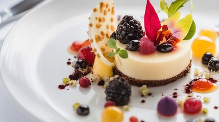 Gourmet Vanilla Bean Dessert with Berries and Edible Flowers