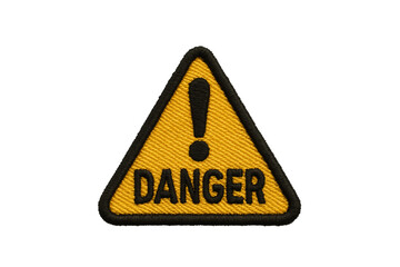 Embroidered Danger Sign Patch on Black Background, Warning Symbol