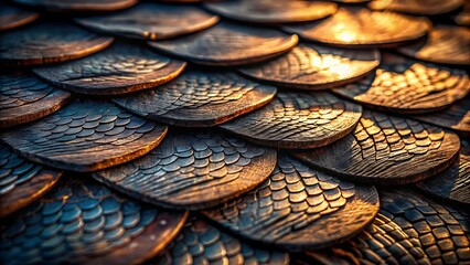 Intricate wooden scales texture background golden hour light