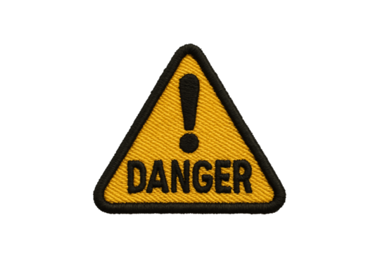 Embroidered Danger Sign Patch on Black Background, Warning Symbol