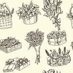 Flowers hand drawn doodle seamless pattern. Isolated elements on white background. Symbol collection.