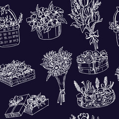 Flowers hand drawn doodle seamless pattern. Isolated elements on white background. Symbol collection.