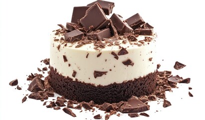 Small round cheesecake topped with chocolate chunks.  Dark chocolate brownie base.  Generous chocolate topping.  Delicious dessert