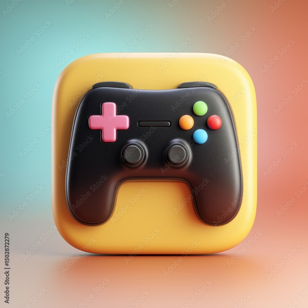 Poster 3d rendering colorful game controller icon on yellow background, representing gaming culture and tec