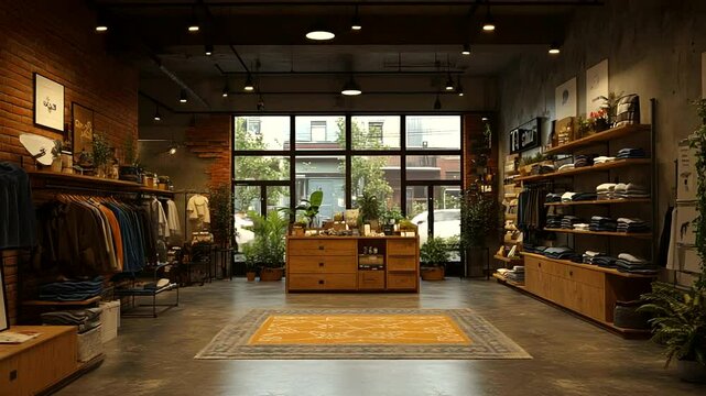 Cozy retail store interior showcasing clothing and home goods with plants and natural light