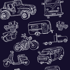 Motor hand drawn doodle seamless pattern. Vector illustration. Isolated elements on white background. Symbol collection.