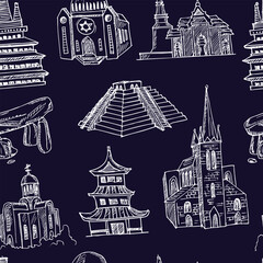 Temple hand drawn doodle seamless pattern. Isolated elements on white background. Symbol collection.