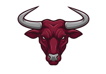 Vector line art of a bull head in maroon and silver, clean  style, white background