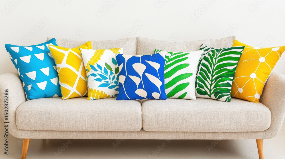 Poster pillows of various shapes arranged artistically on a modern couch in a high-resolution image.