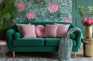 A vibrant and colorful wall mural featuring an oversized pink king tribal flower, a dark green velvet sofa with yellow pillows