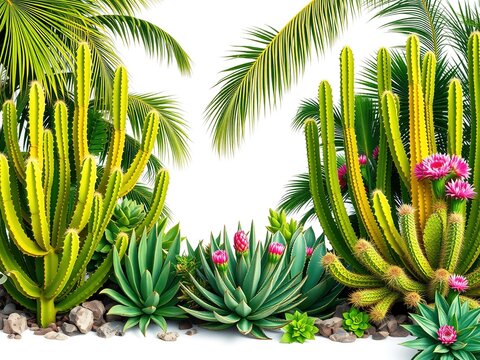 Lush Tropical Landscape with Majestic Cactus in Caribbean Paradise