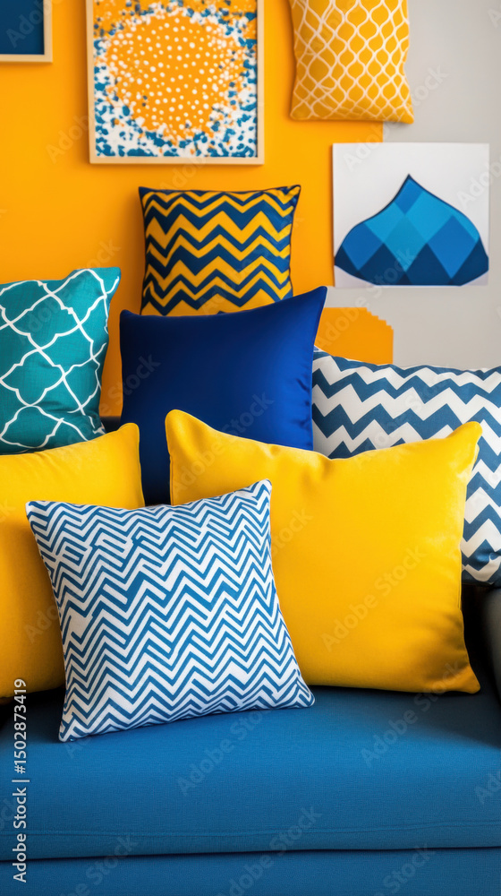 Poster pillows of various shapes arranged on a modern couch in a high-quality image.