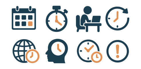 Two-Color vector icons of time management: digital calendar, countdown timer, work session, break timer. Pomodoro icon, sync clock, time zone icon, focus alert.