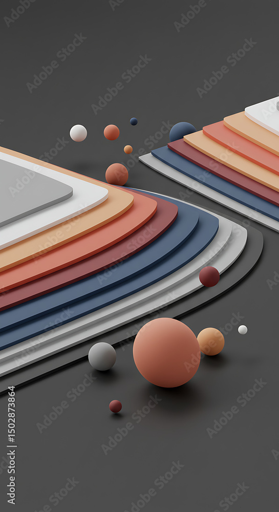 Poster abstract 3d render layered color palette with floating spheres