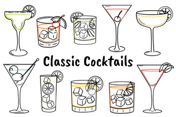 Hand drawn classic cocktail illustrations. Doodle style drink glasses with Lemon, ice cubes, garnishes, and cherries. Summer party drink for bar menu, invitations.