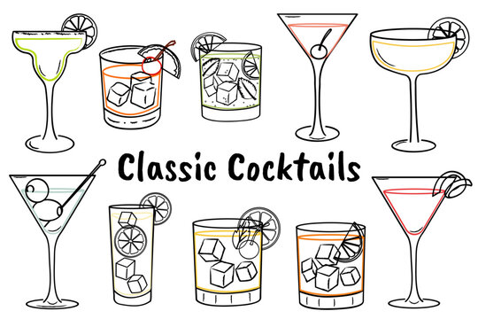 Hand drawn classic cocktail illustrations. Doodle style drink glasses with Lemon, ice cubes, garnishes, and cherries. Summer party drink for bar menu, invitations.